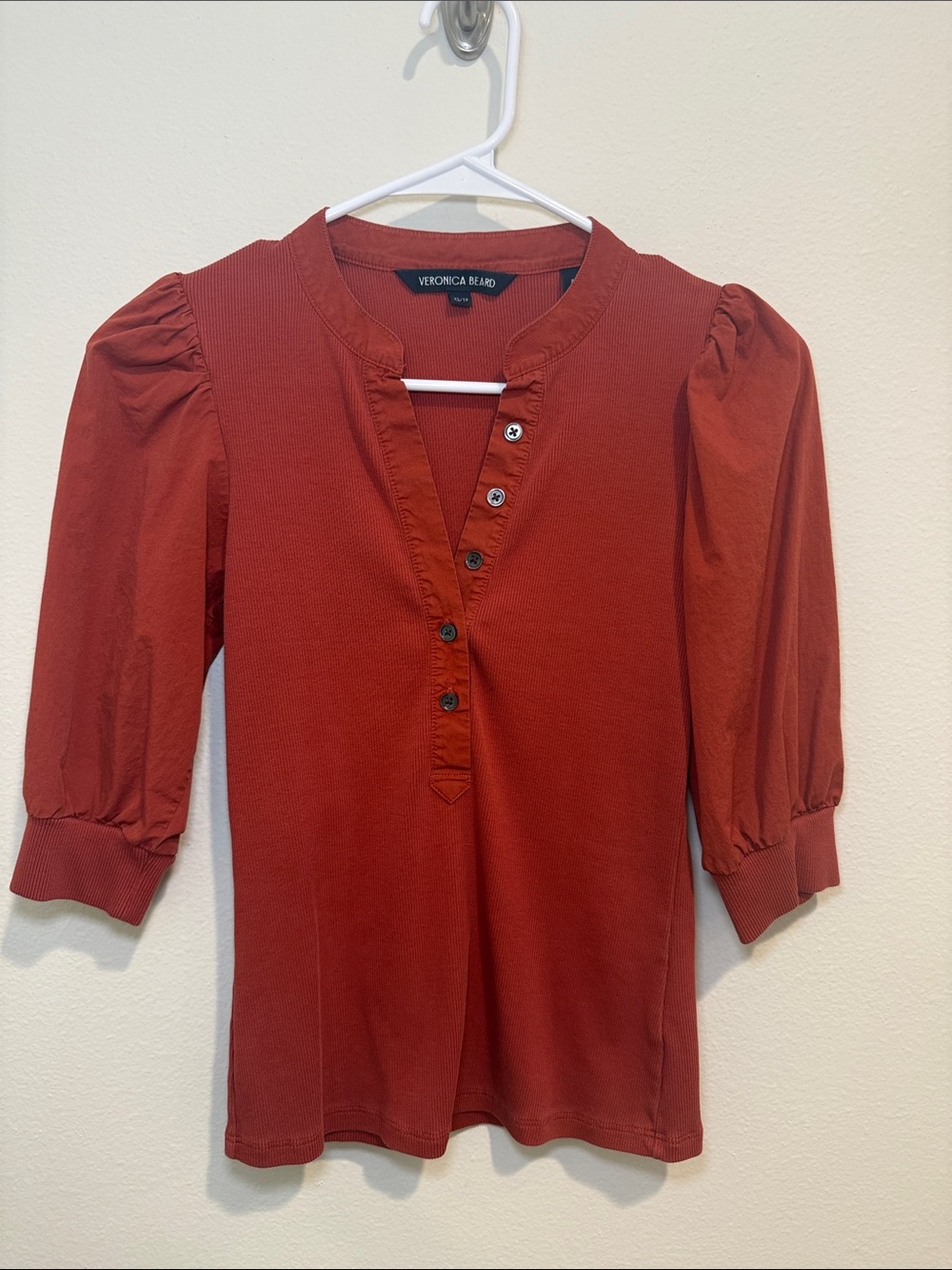 Veronica Beard Rust Puff-Sleeve Henley Top